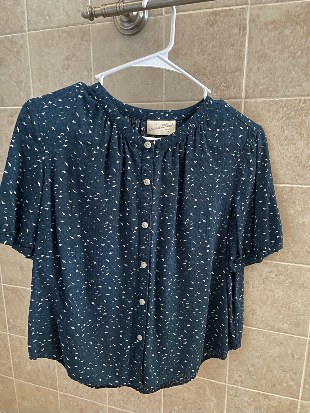 Universal Thread Navy Button-Front Short Sleeve Blouse with White Dot Print